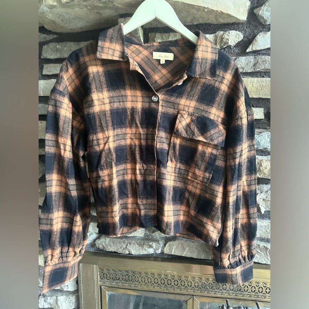 Love Notes Plaid Cropped Flannel Shirt - Size Large Dark Academia Grunge
